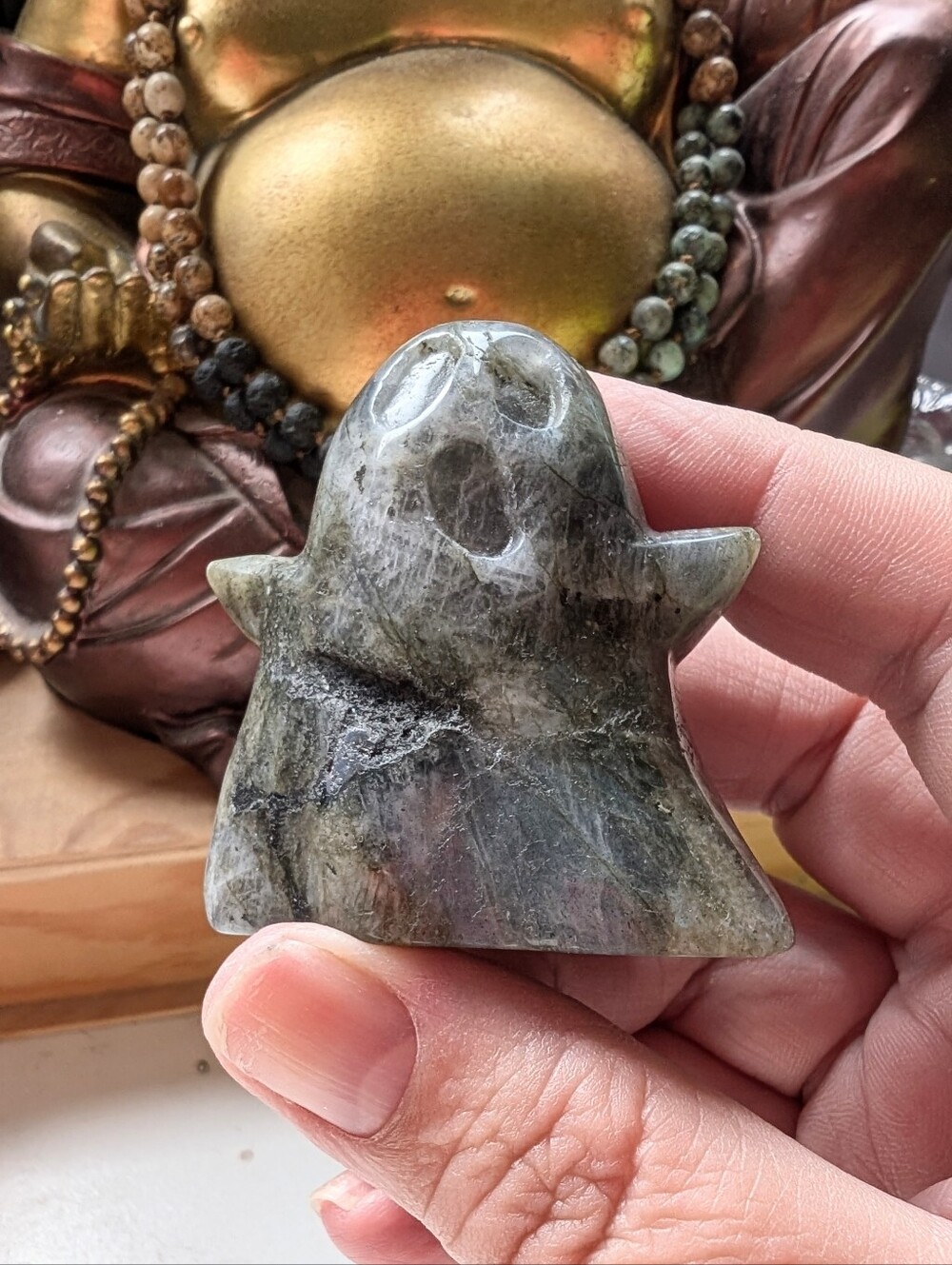 Hand-Carved Green Gray Labradorite Ghost 👻 Figurine  Statue